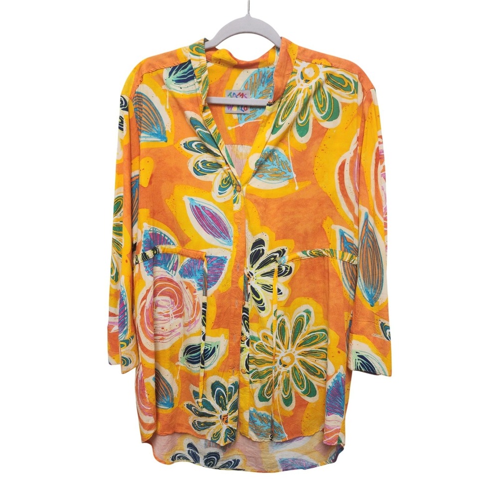 Jams World Sienna Orange Floral Rayon Tunic Button Down Shirt Large Hawaii